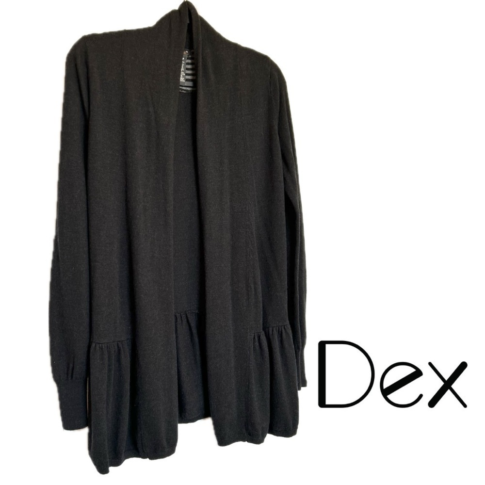 Dex Shawl Collar Angora Blend Open Cardigan Ruffled Bottom Dark Charcoal X-S
